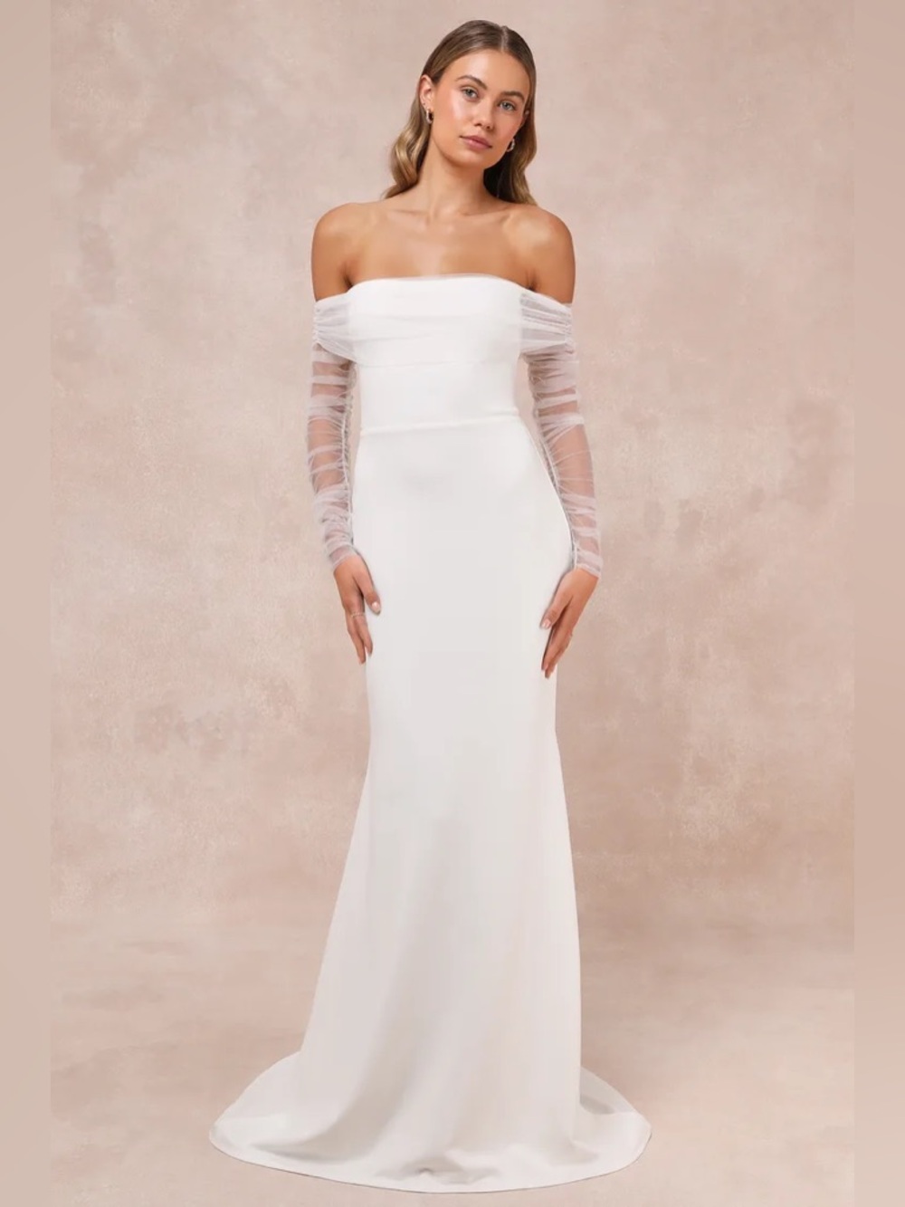 Off-Shoulder White Sheath Dress with Sheer Long Sleeves